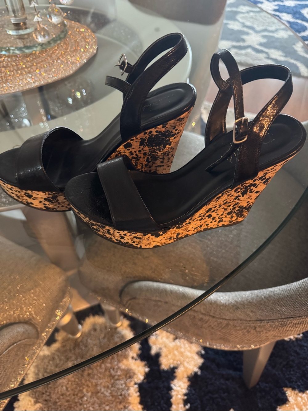 Black Wedge Sandals with Speckled Cork Platform